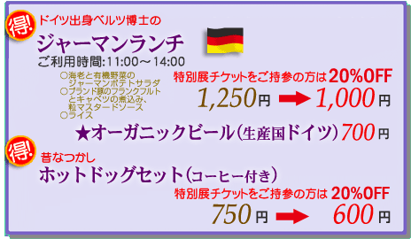 特別展観覧券をご持参いただいた方に、次のメニューを割引します。