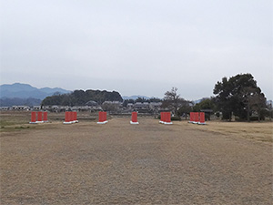 藤原宮朝堂院南門跡と日高山（後方の住宅街）